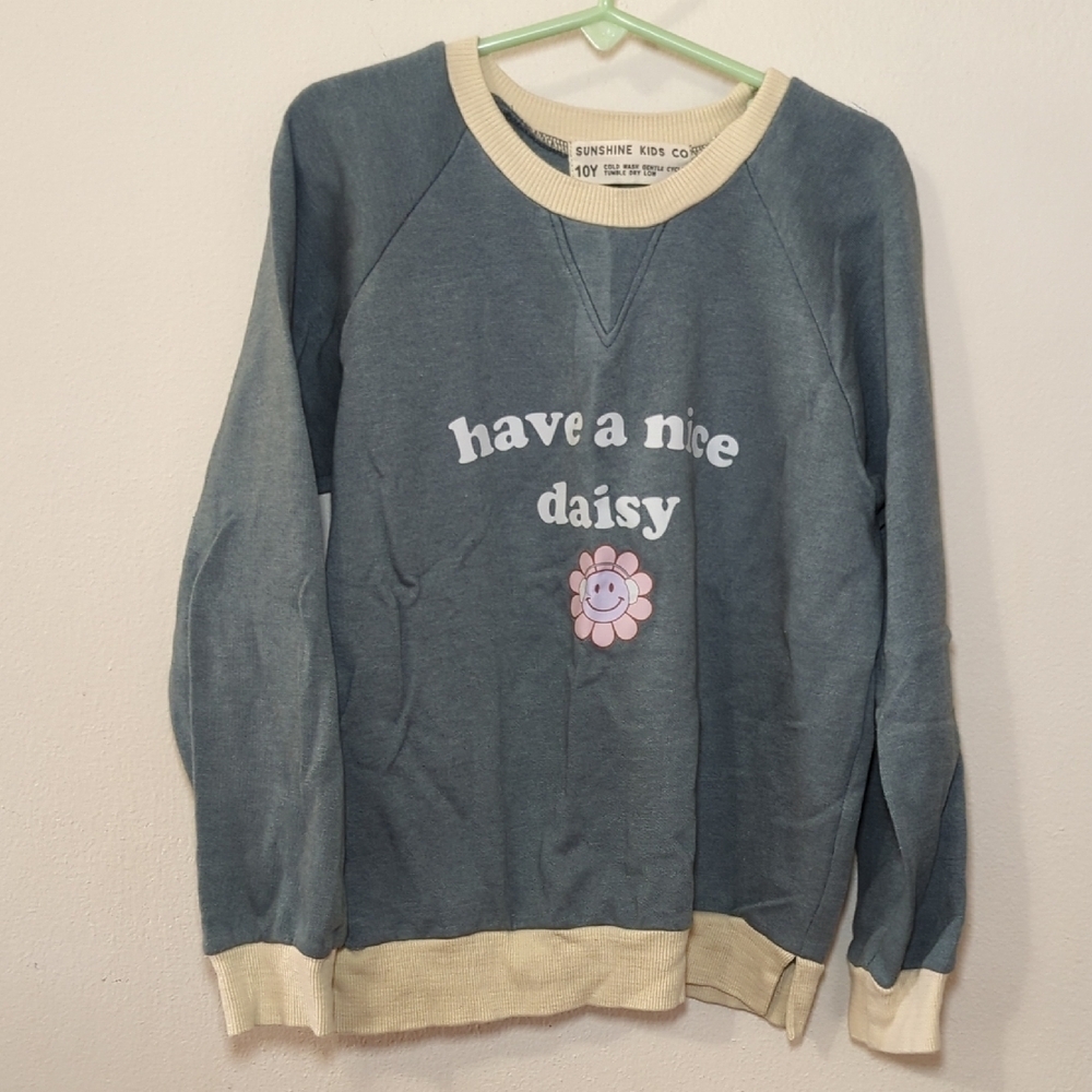 Sunshine Kids Co "Have A Nice Daisy" Sweatshirt Blue + Cream Girls Size 10Y